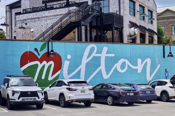 A mural of the word "Milton" in downtown Milton.