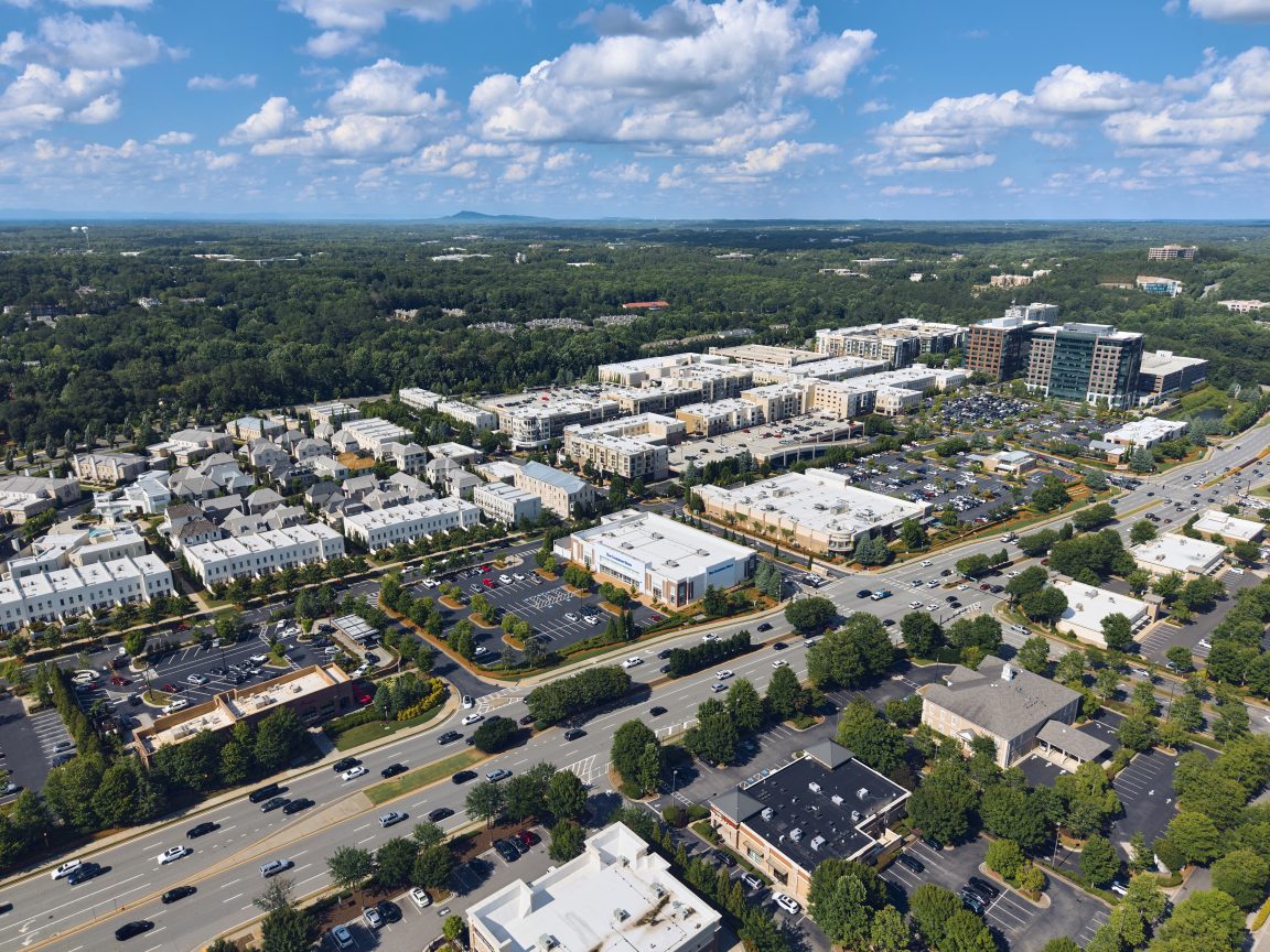 Arial view of the streets and buildings of downtown Alpharetta.