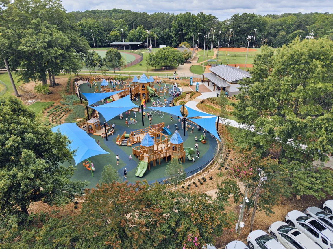 Overhead view of children playing on a playground in Alpharetta.