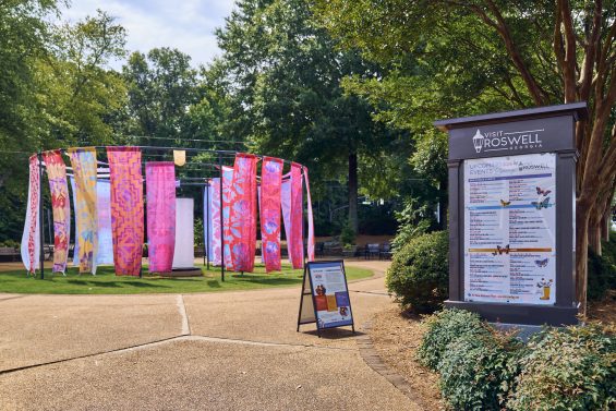 Public art installation made of pink ribbon in Roswell.