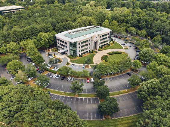 Aerial view of a Johns Creek office building.